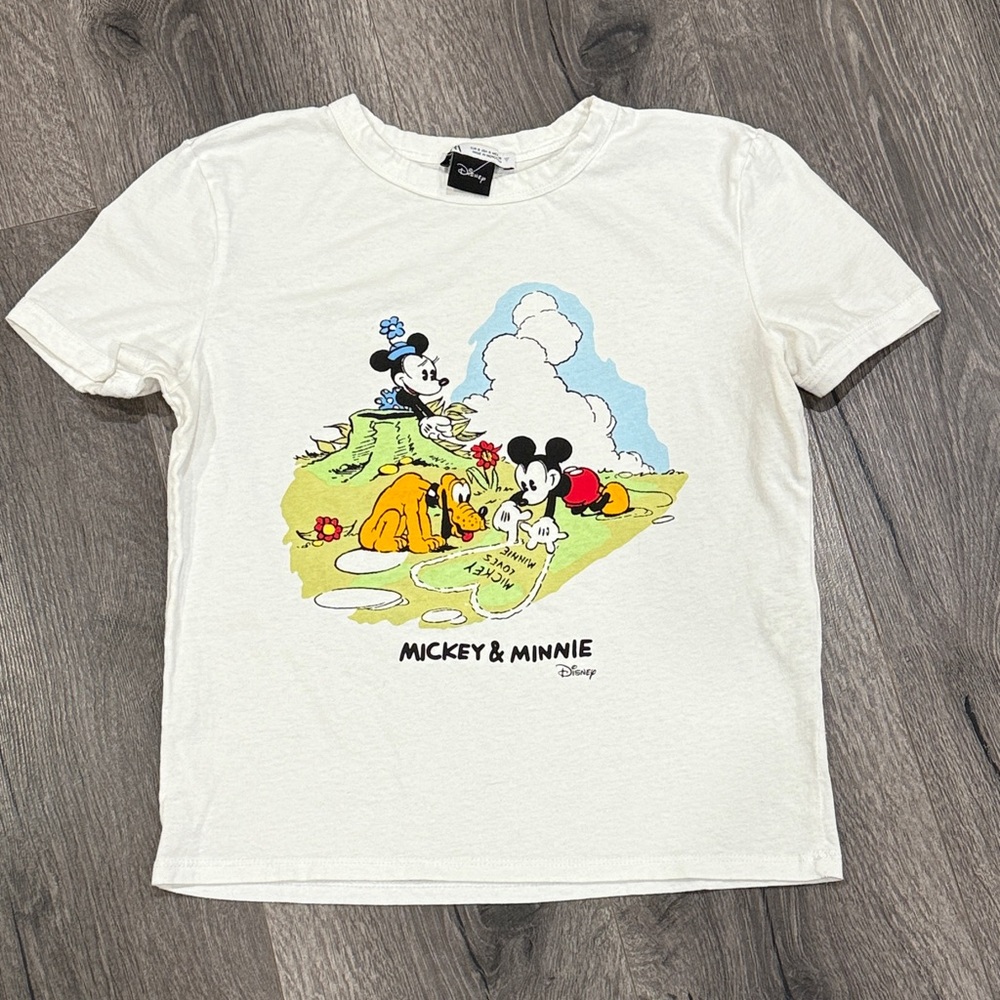 💜Disney X Zara Cream/White Mickey & Minnie Basic Tee Y2K Disney Parks